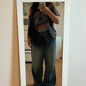 Dark grey off the shoulder oversized shirt. Was worn and stains in last pic.